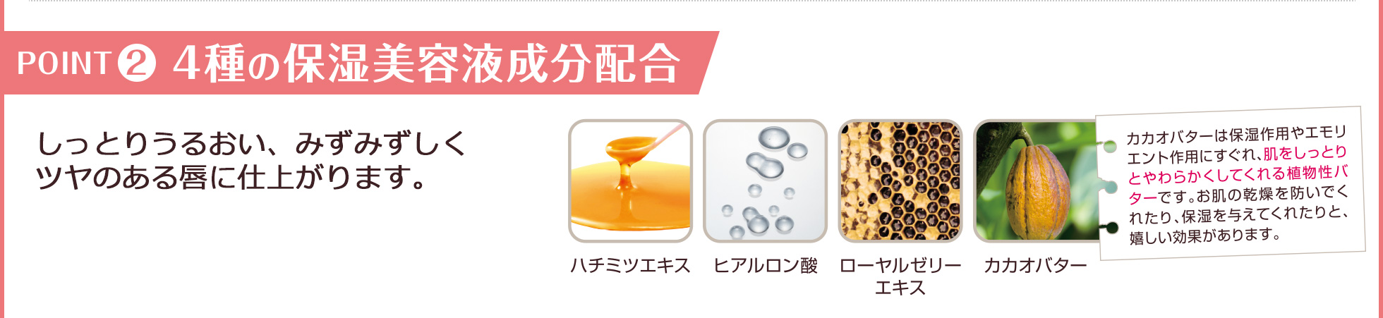 POINT2 4種の保湿美容液成分配合 しっとりうるおい、みずみずしくツヤのある唇に仕上がります。